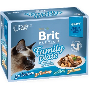 Brit Cat Premium Family plate gravy - паучове за котки с различни вкусове 12 броя х 85 гр