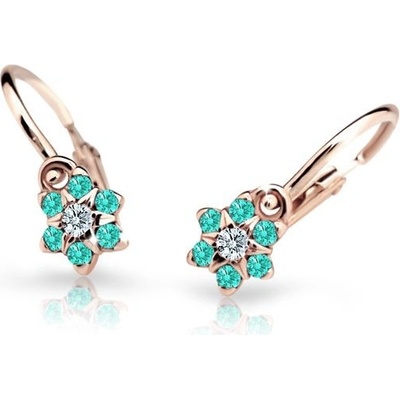 Danfil dětské náušnice kytičky C2152 z růžového zlata s kamínky Mint Green zapínání brizura