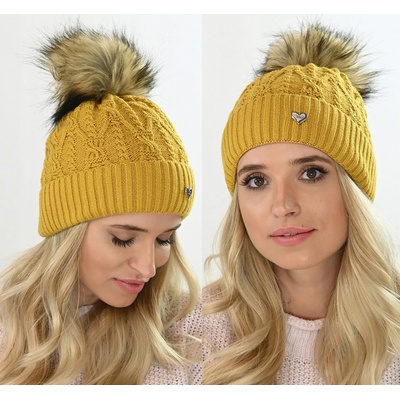 Fashionweek dámská čepice s kožešinovou bambulí a'la Jenot! + flísová podšívka ZIZI-V20 Hořčičný