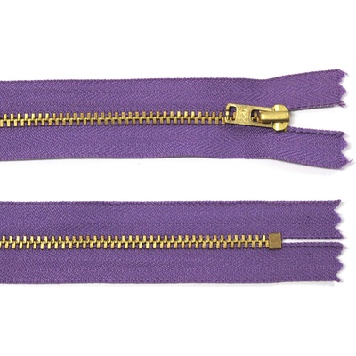 Kovový zip no.3 nerozepínací 14cm fialový (zlaté zoubky) YKK