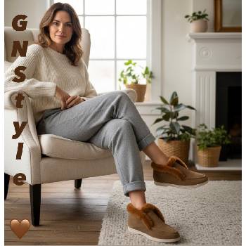 ДИЗАЙНЕРСКИ ДАМСКИ БОТИ ТИП ЛОУФЪР ОТ ЕСТЕСТВЕН ВЕЛУР С МОДЕРЕН ПУХ В КАФЯВ ЦВЯТ