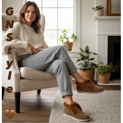 ДИЗАЙНЕРСКИ ДАМСКИ БОТИ ТИП ЛОУФЪР ОТ ЕСТЕСТВЕН ВЕЛУР С МОДЕРЕН ПУХ В КАФЯВ ЦВЯТ