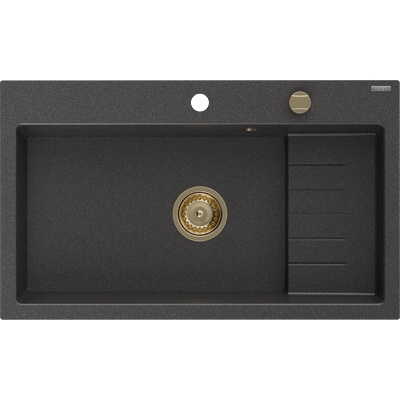 Mexen Omar гранитна кухненска мивка с 1 корито 800 x 480 mm, черна на петна, златен сифон - 6520801005-76-G (6520801005-76-G)