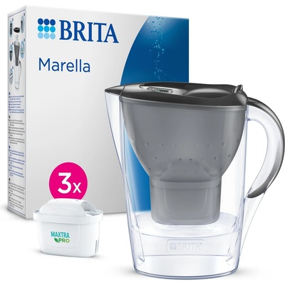 water filter jug Marella graphite (2.4l) incl. 3x MAXTRA PRO Pure Performance cartridge - refrigerator-suitable filter jug with BRITA Memo, folding lid, filters impurities - 126858