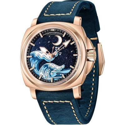 Pagani Мъжки часовник Pagani Design Wave, Автоматичен, Естествена кожа, Розово Злато / Син (PD-YS014-BLUE-ROSEGOLD)