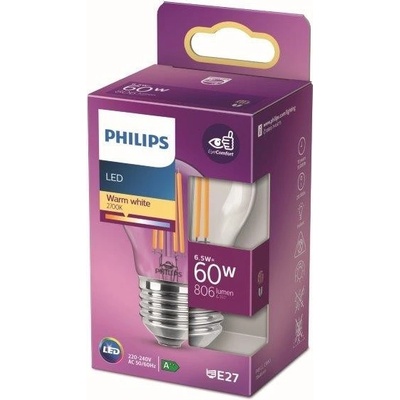 Philips LED žiarovka 1x6,5W E27 806lm 2700K teplá biela, číra, EyeComfort