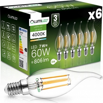 Lumiled 6x LED žárovka E14 7W = 60W 4000K Svíčka FILAMENT