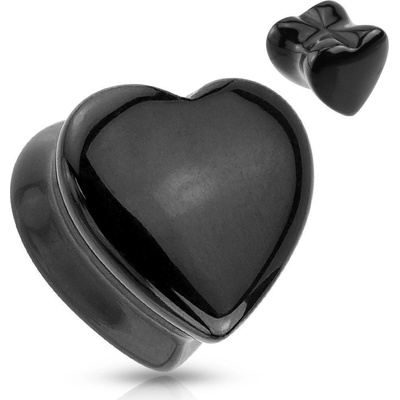 Šperky4U plug do ucha srdce černý onyx PL01151-14