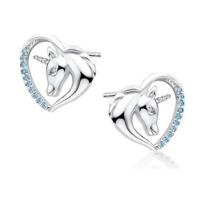 Prošperk stříbrné náušnice srdce s jednorožcem modrý zirkon S5385