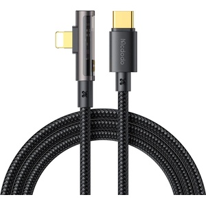 Mcdodo Кабел за данни - Mcdodo (CA-3390) - USB-C → Lightning, 90° дизайн, 36W, прозрачен дизайн, 1.2m - Черен