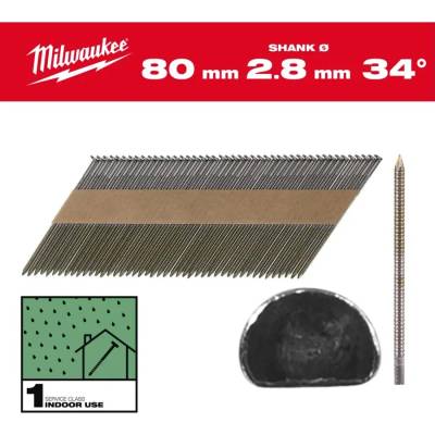 Milwaukee 4932492603 Páskované rámové hřebíky s D-hlavou 34°, 80 mm RS/B/SC1 (2 200 ks)