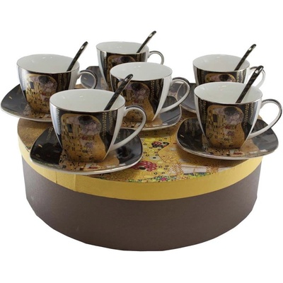 Home Elements Súprava 6 kusov šálky s podšálkami a lyžičkami Klimt Bozk tmavý 250 ml