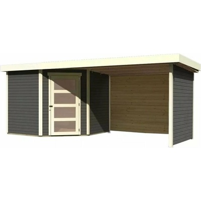 KARIBU SCHWANDORF 5 drevený domček + prístavok 280 cm vrátane zadnej a bočnej steny (9220) 497 x 246 cm, terragrau LG3919