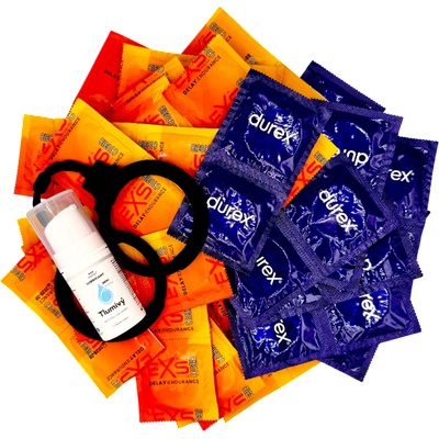 Sexy Elephant® Набор онемевших презервативов - Delay pack (68 ks) + SE обезболяващ гел 15 ml + силиконови белезници Handcuffs
