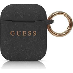 Guess GUACCSILGLBK черен силиконов калъф с брокат за AirPods 1/2