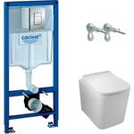 GROHE Комплект за окачена тоалетна чиния Balneo Luga без ръб, капак с плавно затваряне, казанче Grohe Rapid SL и хромиран бутон за активиране Grohe Skate Cosmopolitan (G0101010102-1+38772001)