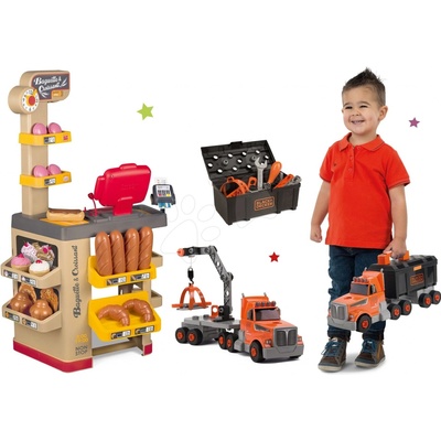 Smoby Set pekáreň s koláčmi Baguette&Croissant Bakery s elektronickou pokladňou a kamión s pracovným kufríkom Black&Decker