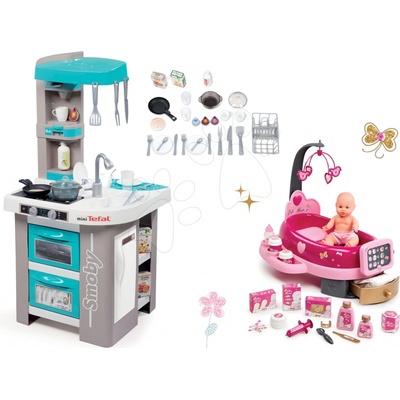 Smoby set elektronická kuchyňka Tefal Studio Bubble tyrkysová a pečovatelské centrum s panenkou 311023-11