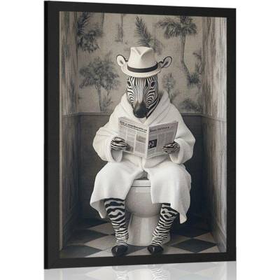 Plakát zebra s novinami na záchodě - 60x90 black