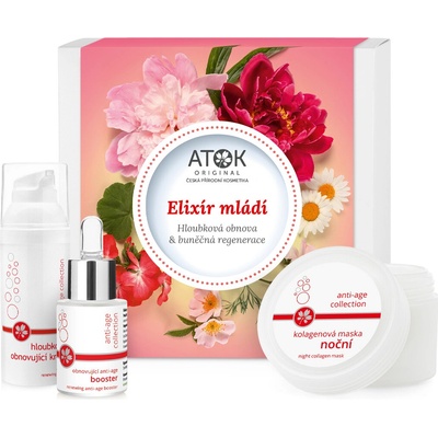 Original Atok Hloubkově obnovující krém 50 ml + Obnovující anti-age booster 15 ml + Kolagenová maska noční 50 ml Elixír mládí dárková sada