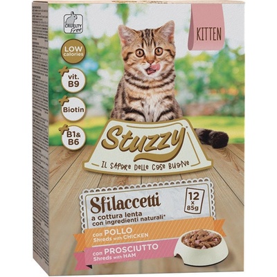Stuzzy Cat Shreds Kitten trhané kuracie a bravčové mäso 12 x 85 g