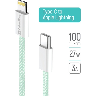 ColorWay CW-CBPDCL061-G Type-C - Apple Lightning (braided cotton) PD 27W 1m zelený