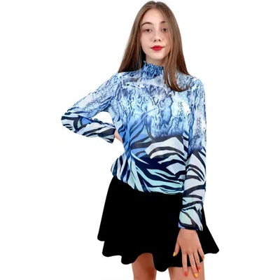 mar. fashion Дамска блуза с дълъг ръкав и ластик в кръста с интересен принт в синьо (03421-01a-01)