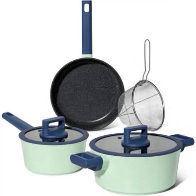 Just Perfecto Комплект съдове за готвене Just Perfecto JL-333, 6 части, Мраморно покритие, Индукция, Стъклен капак с отвор за пара, Зелен/син (JL-333)