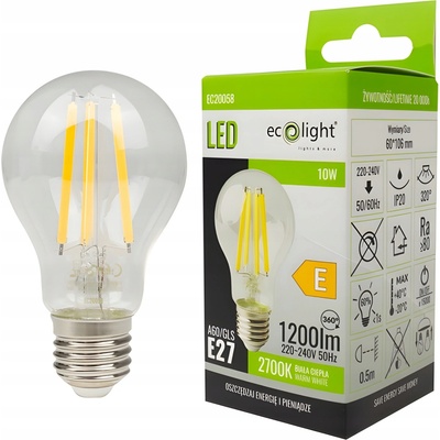 ECOLIGHT LED žiarovka filament E27 10W teplá biela