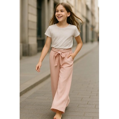 Fashionkids nohavice s viazaním pudrovo ružové