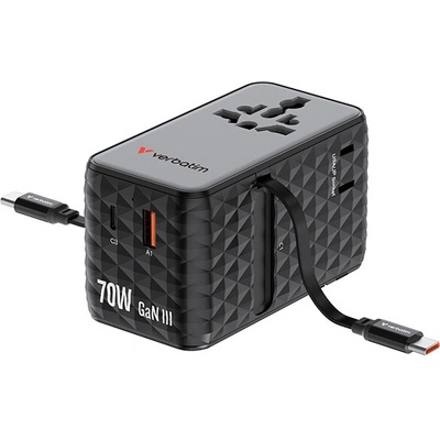Verbatim Charge'n'Travel 70W černá / Cestovní adaptér / GaN III / 2× výsuvný kabel USB-C / 3× USB-C / 1× USB-A / PD / QC (30186)