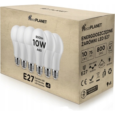 ecoPLANET 6x LED žiarovka E27 10W 800Lm studená biela
