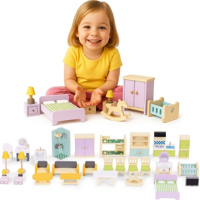 MULTISTORE ECOTOYS Drevené doplnky do domčeka pre bábiky - 30 kusov