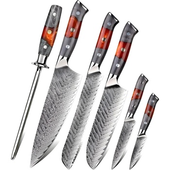 HARAHU Комплект кухненски ножове дамаск ya-37556 - Червен / Сив kp37556 (ya-37556)