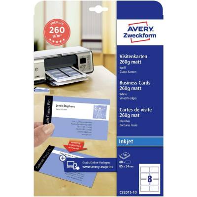 Avery-Zweckform C32015-10 vizitky potlačiteľné, hladké hrany 85 x 54 mm biela 80 ks Formát papiera: A4; C32015-10