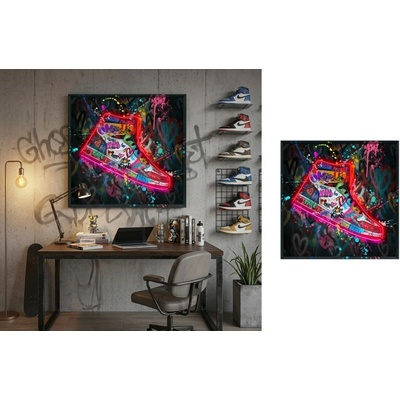 Neónová teniska - LED obraz na stenu v graffiti pop art štýle - 83 × 83 cm