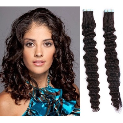 Vlasy pro metodu Pu Extension / TapeX / Tape Hair / Tape IN 60cm kučeravé - prírodné čierne