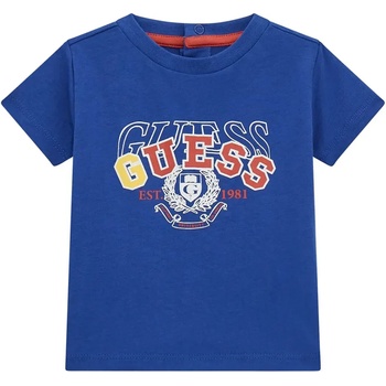 GUESS Синя тениска за бебе момче с надпис Guess в бяло, червено и жълто