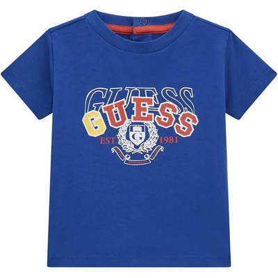 GUESS Синя тениска за бебе момче с надпис Guess в бяло, червено и жълто