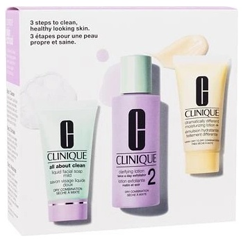 Clinique 3-Step Skin Care Kit All About Clean Liquid Facial Soap Mild tekuté mýdlo pro suchou a smíšenou pleť 30 ml + Clarifying Lotion 2 Twice A Day Exfoliator tonikum 60 ml + Dramatically Different