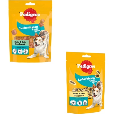 Pedigree Výhodné balenie Leckerbissen: Tasty Minis kuracie a kačacie a Mini kúsky syr a hovädzie 3 x Tasty Minis a 3 x Mini kúsky 130 g 140 g