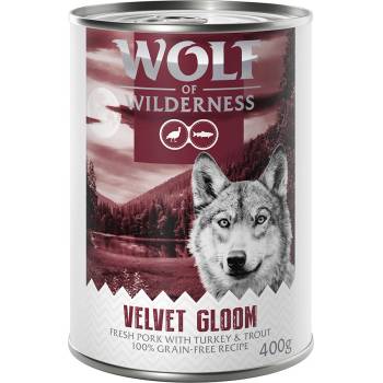 Wolf of Wilderness 24x400г Adult Velvet Gloom Wolf of Wilderness, консервирана храна за кучета - свинско с пуешко и пъстърва