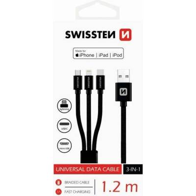 Swissten kabel Textile 3in1mFi 1,2m, černá