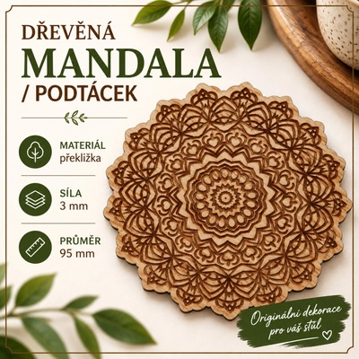 ADVIPO dekorace Dřevěná mandala podtácek s krajkovým ornamentem Ø 95 mm
