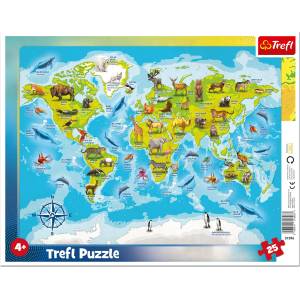 Trefl Пъзел в рамка Trefl от 25 части - Карта на света с животни (31396) - ozone
