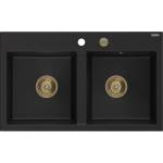 Mexen Hektor гранитна мивка с 2 камери 800 x 480 мм, черна, сифон златен - 6521802000-77-G (6521802000-77-G) Мивка за вграждане