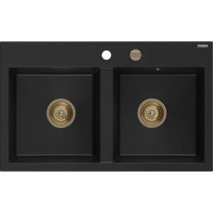 Mexen Hektor гранитна мивка с 2 камери 800 x 480 мм, черна, сифон златен - 6521802000-77-G (6521802000-77-G) Мивка за вграждане