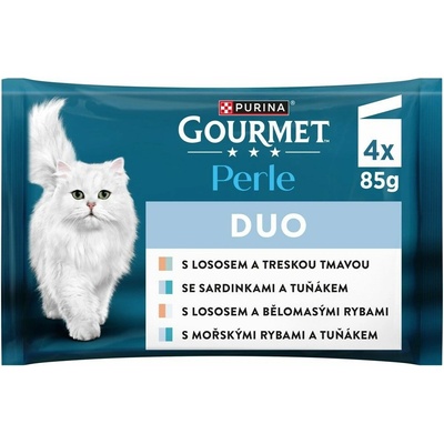 Gourmet Perle DUO losos a treska / mořské ryby a tuňák / losos a ryby / sardinky a tuňák 4 x 85 g