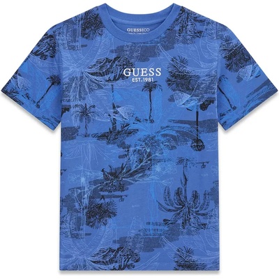 GUESS Oversize синя тениска за момче с палми и бял надпис Guess