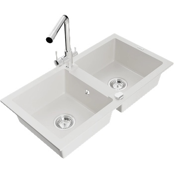 Mexen Mario гранитна мивка с 2 камери и кухненски смесител Duero, бял - 6504-20-671600-00 (6504-20-671600-00)